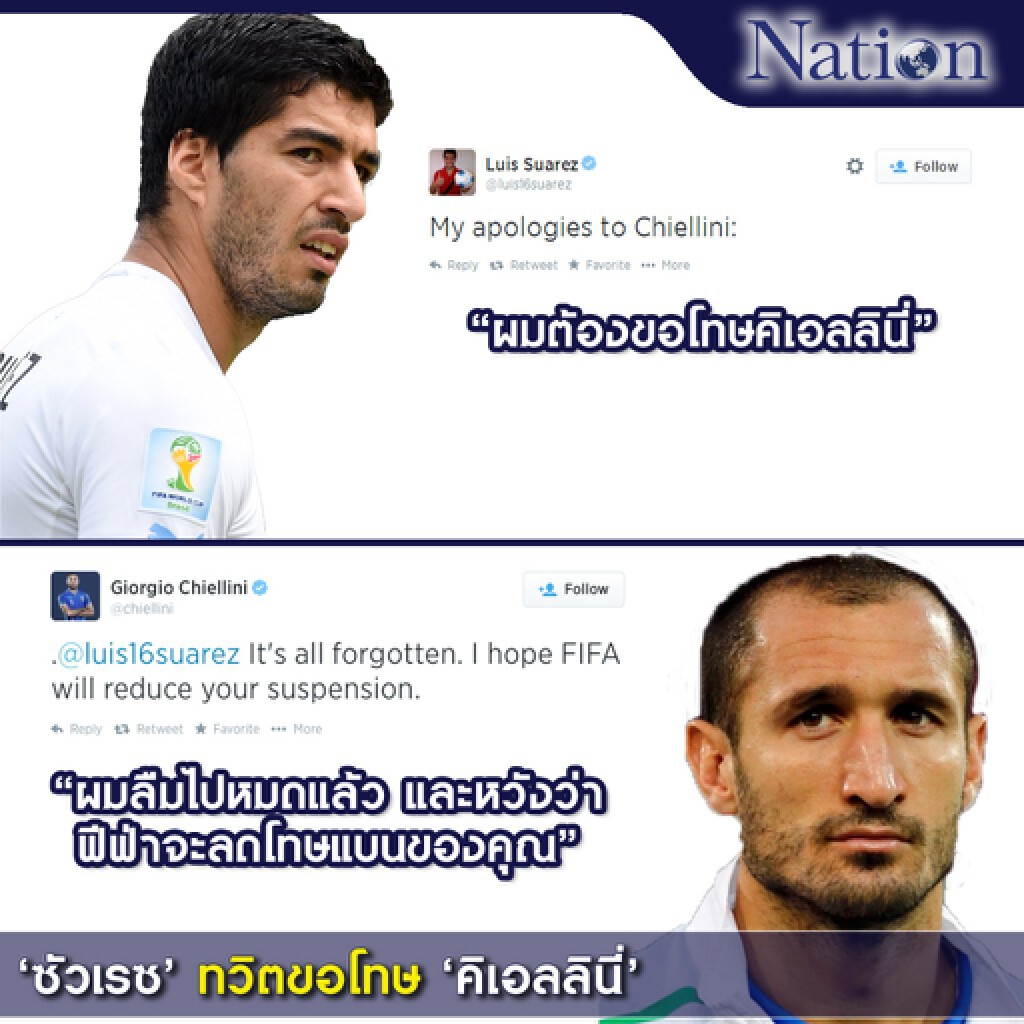 'ซัวเรซ' ทวิตขอโทษ ด้าน 'คิเอลลินี่' บอก "ลืมไปแล้ว" 'ซัวเรซ' ทวิตขอโทษ ด้าน 'คิเอลลินี่' บอก "ลืมไปแล้ว"