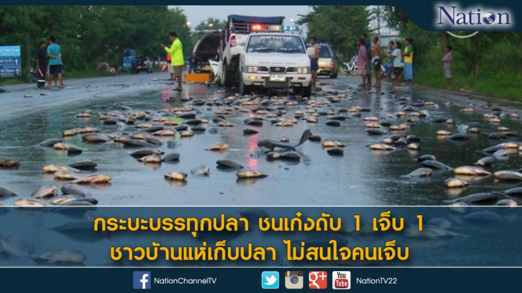 กระบะบรรทุกปลา ชนเก๋งดับ 1 เจ็บ 1 ชาวบ้านแห่เก็บปลา ไม่สนใจคนเจ็บ