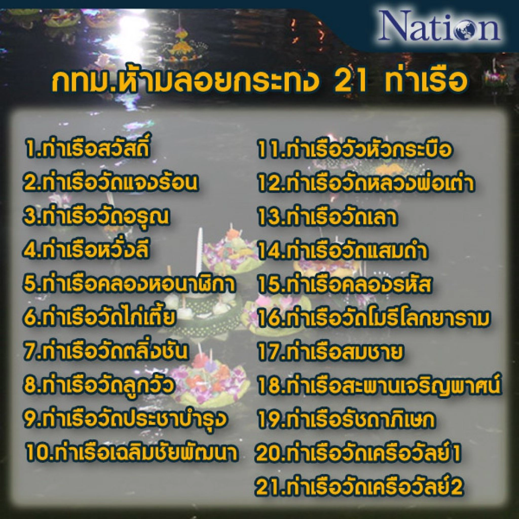 กทม.ห้ามลอยกระทง ที่ท่าเรือ 21 แห่ง กทม.ห้ามลอยกระทง ที่ท่าเรือ 21 แห่ง