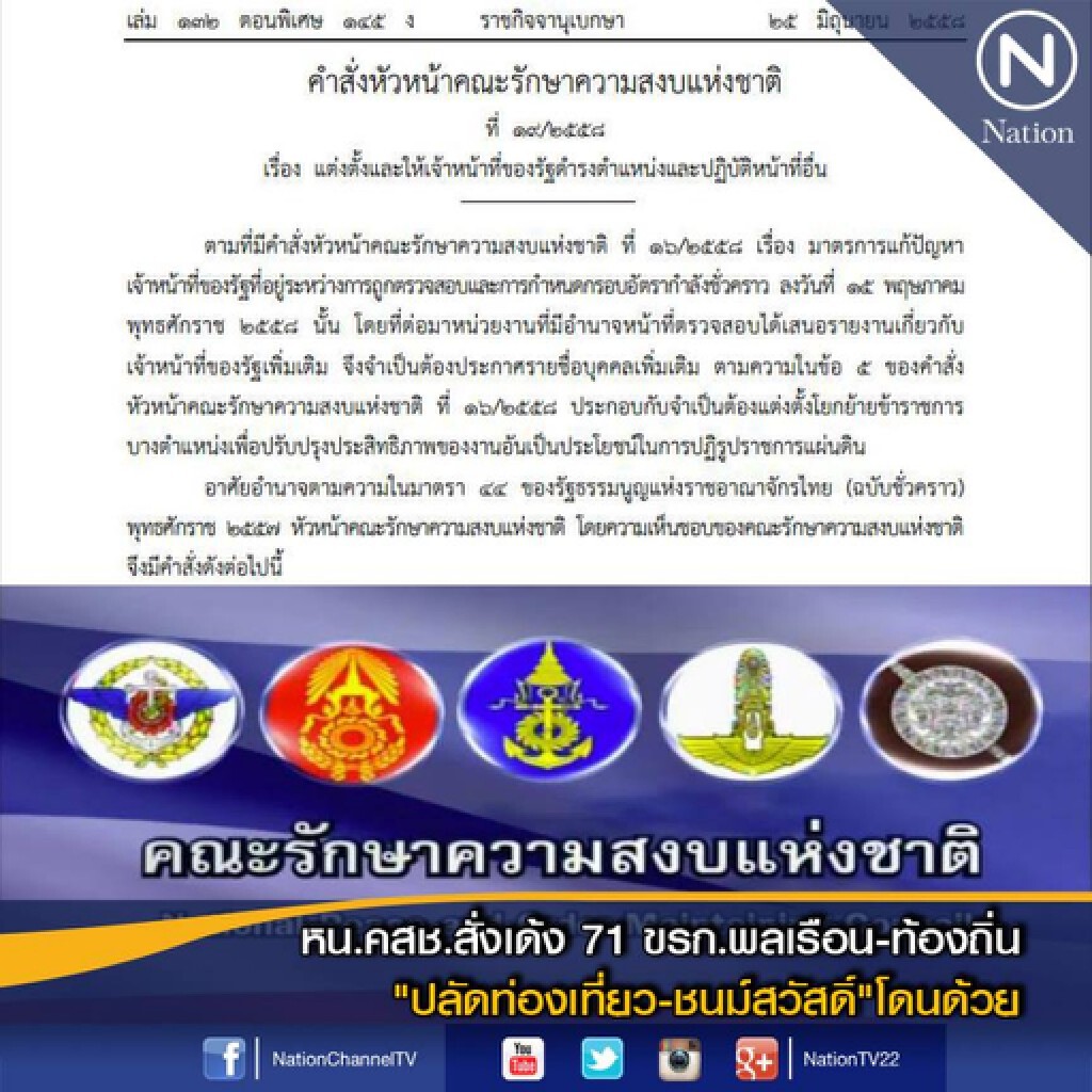 หน.คสช.สั่งเด้ง 71 ขรก.พลเรือน-ท้องถิ่น -"ปลัดท่องเที่ยว-ชนม์สวัสดิ์"โดนด้วย หน.คสช.สั่งเด้ง 71 ขรก.พลเรือน-ท้องถิ่น -"ปลัดท่องเที่ยว-ชนม์สวัสดิ์"โดนด้วย
