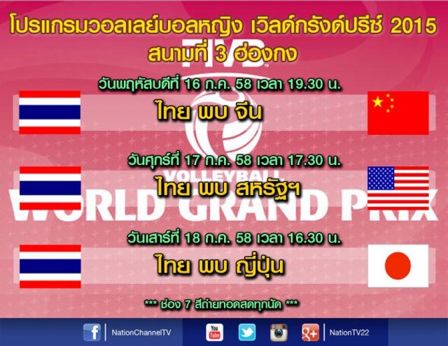 เชียร์ "ลูกยางสาวไทย" บุกกำแพงเมืองจีน ศึก WGP2015 วันนี้