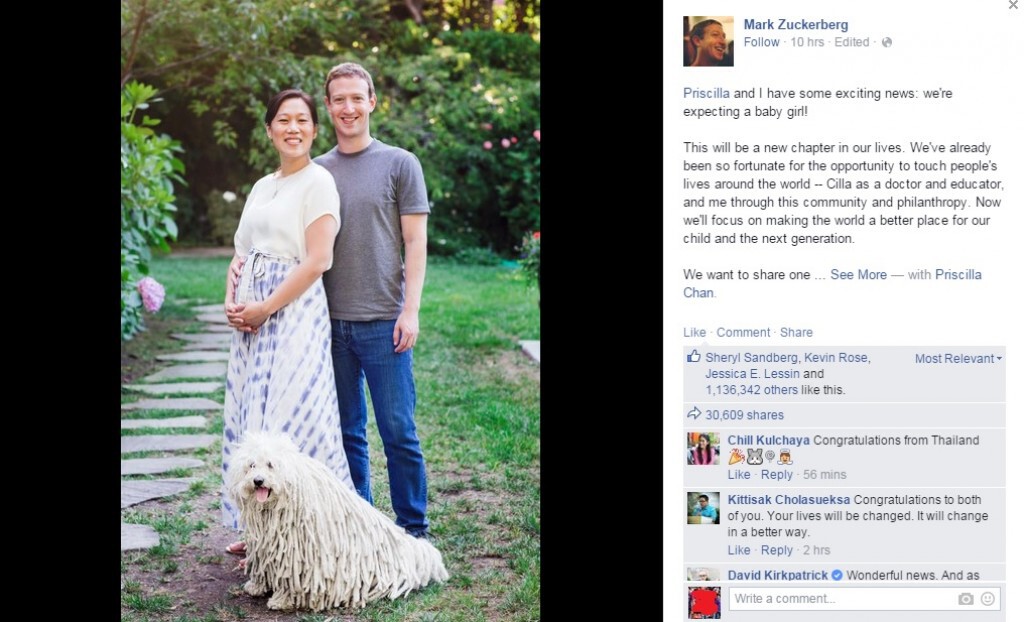 น่ายินดี! "มาร์ค ซัคเคอร์เบิร์ก" ประกาศข่าวดี ภรรยาท้องลูกสาว
