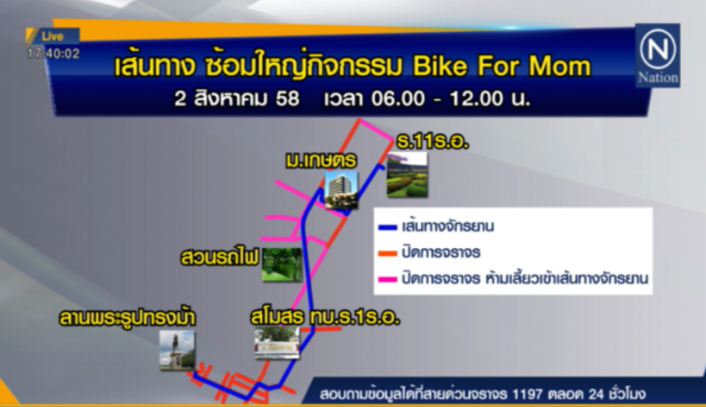 ปิดการจราจร 2 ส.ค. เวลา 06.00-12.00 น. ซ้อมใหญ่เส้นทาง Bike For Mom