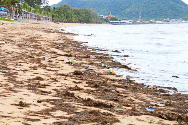พายุ"หว่ามก๋อ"ซัดหญ้าทะเล ขยะ เกยหาดบางเสร่