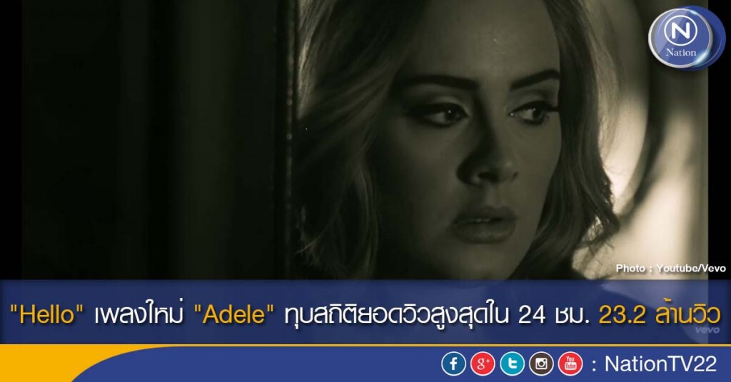 "Hello" เพลงใหม่ "Adele" ทุบสถิติยอดวิวสูงสุดใน 24 ชม. 23.2 ล้านวิว "Hello" เพลงใหม่ "Adele" ทุบสถิติยอดวิวสูงสุดใน 24 ชม. 23.2 ล้านวิว