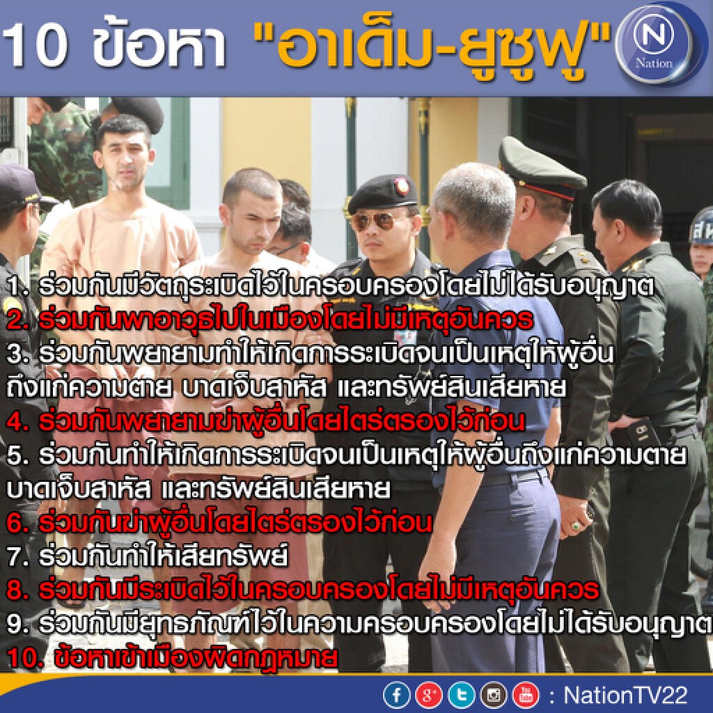 ทนายความเผยศาลทหารสั่งฟ้อง คดีบึ้มราชประสงค์ 10 ข้อหา ทนายความเผยศาลทหารสั่งฟ้อง คดีบึ้มราชประสงค์ 10 ข้อหา