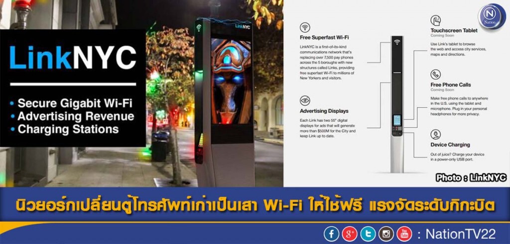 นิวยอร์กเปลี่ยนตู้โทรศัพท์เก่าเป็นเสา Wi-Fi ให้ใช้ฟรี แรงจัดระดับกิกะบิต