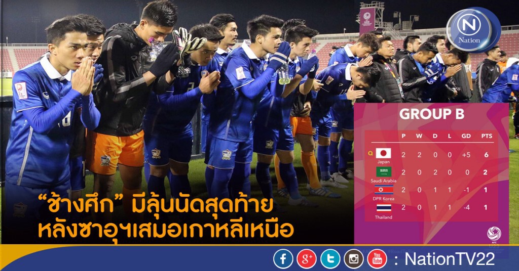 "ช้างศึก" มีลุ้นนัดสุดท้าย หลังซาอุฯเสมอเกาหลีเหนือ "ช้างศึก" มีลุ้นนัดสุดท้าย หลังซาอุฯเสมอเกาหลีเหนือ