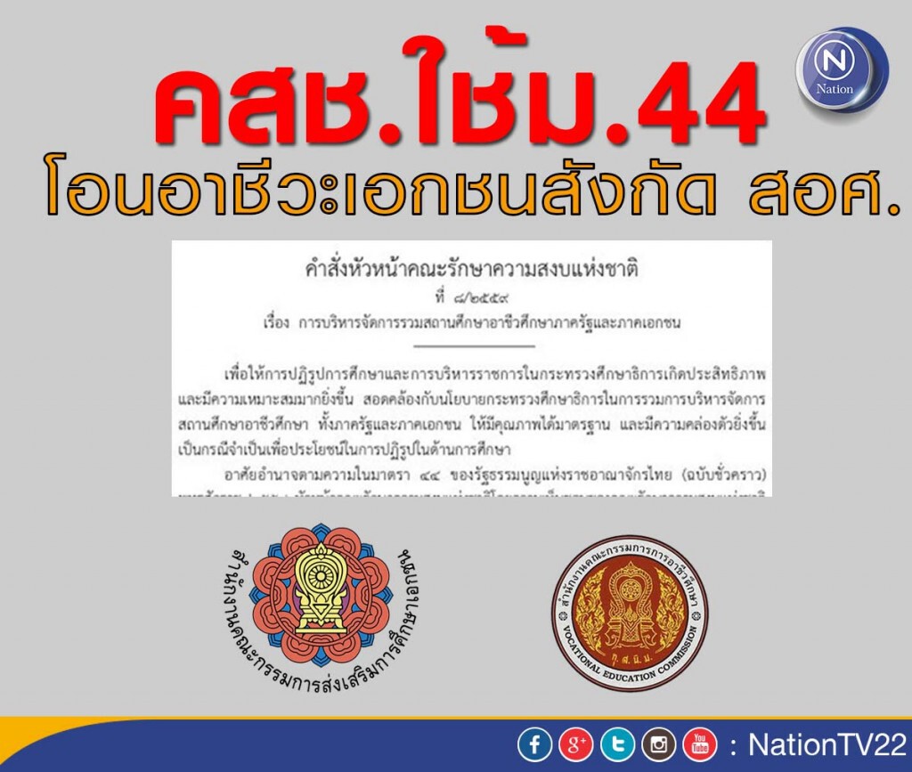 คสช.ใช้ม.44โอนอาชีวะเอกชนสังกัด สอศ. คสช.ใช้ม.44โอนอาชีวะเอกชนสังกัด สอศ.