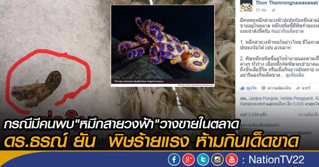 กรณีมีคนพบ"หมึกสายวงฟ้า"วางขายในตลาด
ดร.ธรณ์ ยัน  พิษร้ายแรง ห้ามกินเด็ดขาด