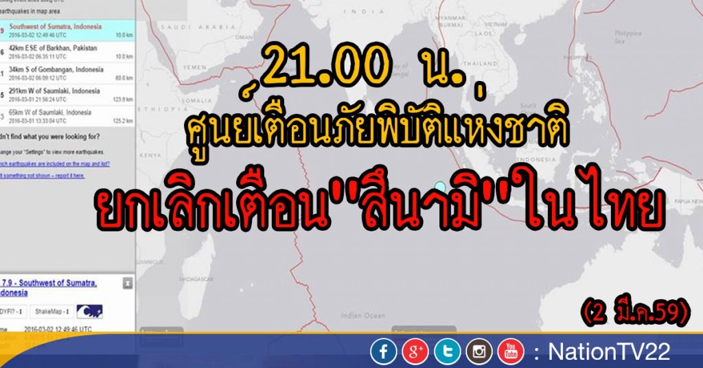 ศภช.ยกเลิกเตือน "สึนามิ" ในไทย เหตุแผ่นดินไหวอินโดนีเซีย