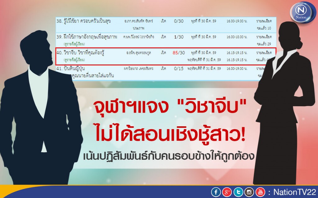 จุฬาฯแจง "วิชาจีบ" ไม่ได้สอนเชิงชู้สาว เน้นปฏิสัมพันธ์กับคนรอบข้างให้ถูกต้อง