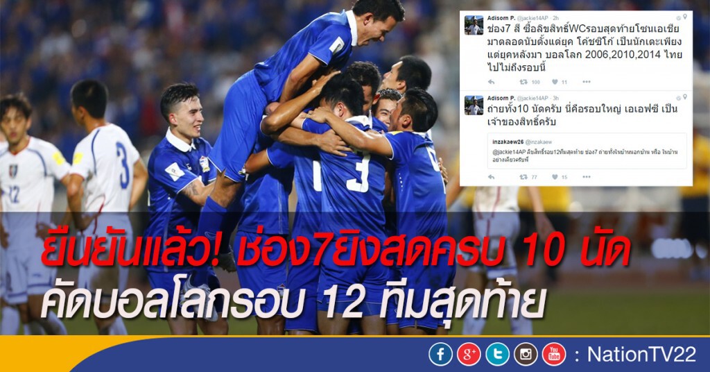 ยืนยันแล้ว! ช่อง7ยิงสดครบ 10 นัด คัดบอลโลกรอบ 12 ทีมสุดท้าย