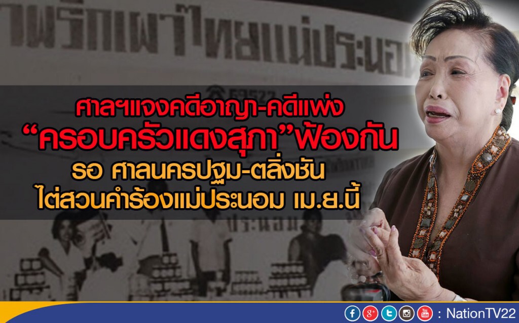 ศาลฯแจงคดีอาญา-คดีแพ่ง "ครอบครัวแดงสุภา"ฟ้องกัน 
รอศาลนครปฐม-ตลิ่งชัน ไต่สวนคำร้องแม่ประนอม เม.ย.นี้