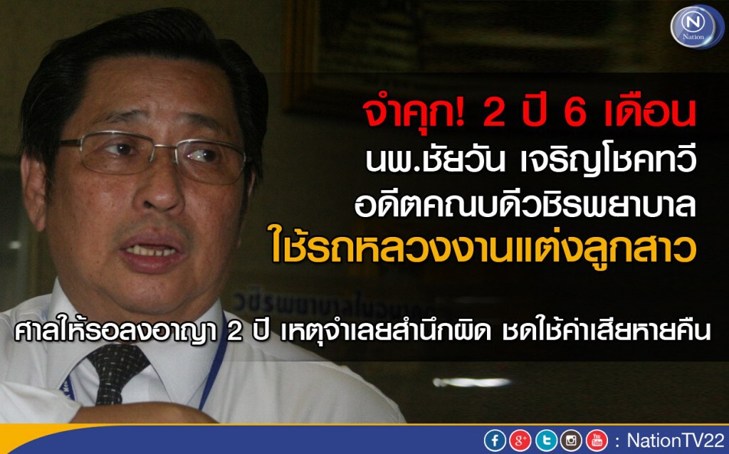 รอลงอาญา 2 ปี ! นพ.ชัยวัน เจริญโชคทวี อดีตคณบดีวชิรพยาบาล ใช้รถหลวงงานแต่งลูกสาว