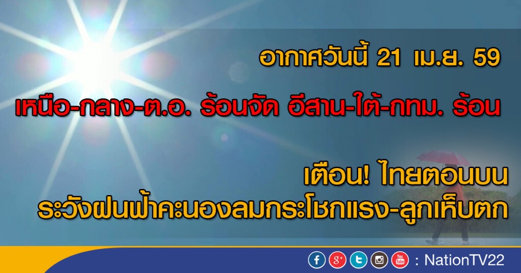 21 เม.ย. ไทยตอนบนระวังฝนฟ้าคะนองลมกระโชกแรง-ลูกเห็บตก