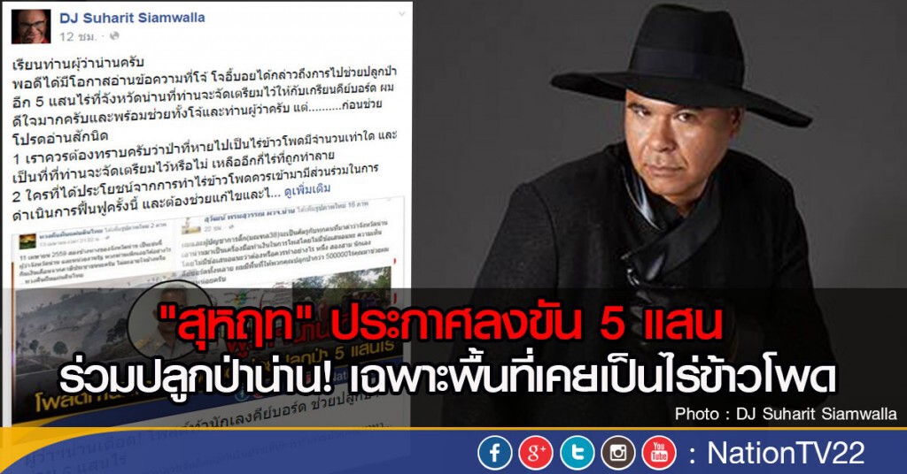 "สุหฤท" ประกาศลงขัน 5 แสน 
ร่วมปลูกป่าน่าน! เฉพาะพื้นที่เคยเป็นไร่ข้าวโพด