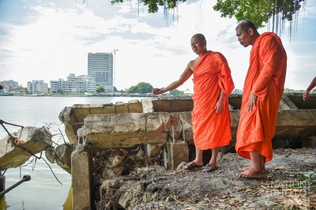 ตลิ่งทรุดตัว วัดไทรม้าเหนือ นนทบุรี แม่น้ำเจ้าพระยากัดเซาะ