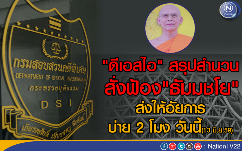 "ดีเอสไอ" สรุปสำนวนสั่งฟ้อง"ธัมมชโย
นัดส่งให้อัยการ บ่าย 2 โมง วันนี้ "ดีเอสไอ" สรุปสำนวนสั่งฟ้อง"ธัมมชโย
นัดส่งให้อัยการ บ่าย 2 โมง วันนี้