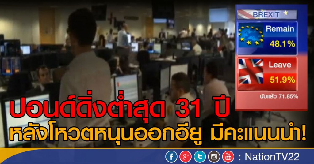 ปอนด์ดิ่งต่ำสุด 31 ปี หลังโหวตหนุนออกอียู มีคะแนนนำ! ปอนด์ดิ่งต่ำสุด 31 ปี หลังโหวตหนุนออกอียู มีคะแนนนำ!