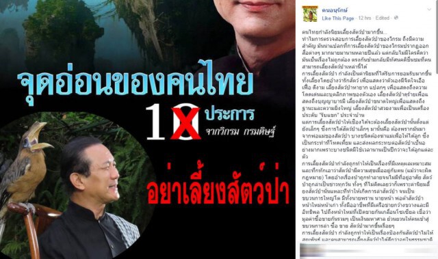 เพจคนอนุรักษ์จี้
เลิกค่านิยมเลี้ยงสัตว์ป่า
ห่วงป่าไทย มีแต่ต้นไม้ไร้สัตว์ป่า