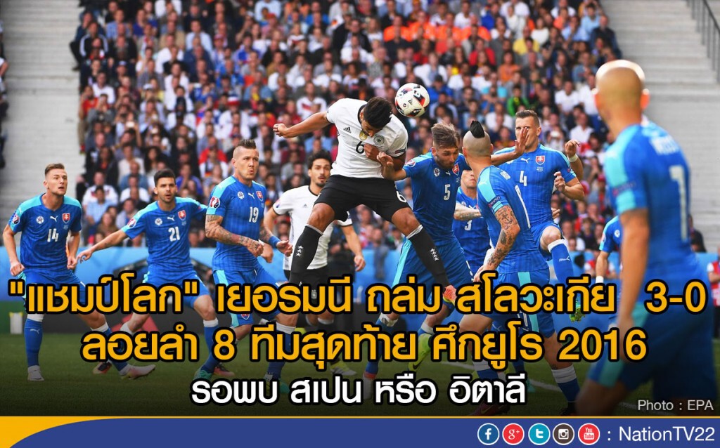 "แชมป์โลก" เยอรมนี ถล่ม สโลวะเกีย 3-0
ลอยลำ 8 ทีมสุดท้าย ศึกยูโร 2016 "แชมป์โลก" เยอรมนี ถล่ม สโลวะเกีย 3-0
ลอยลำ 8 ทีมสุดท้าย ศึกยูโร 2016