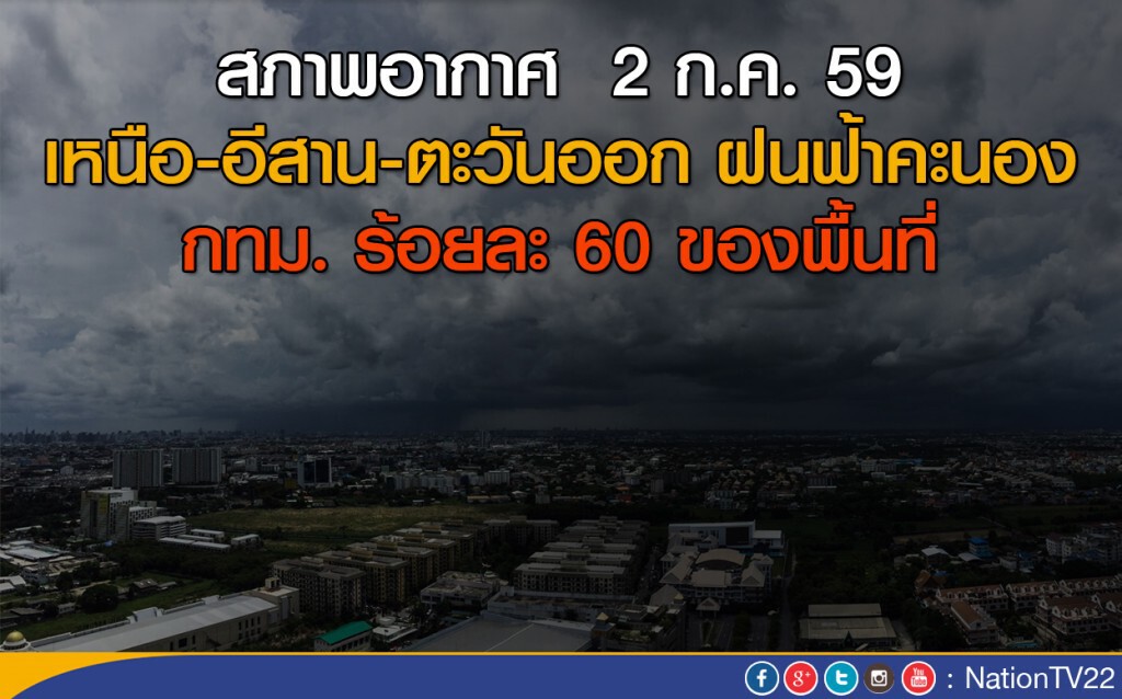 สภาพอากาศ  2 ก.ค. 59 เหนือ-อีสาน-ตะวันออก ฝนฟ้าคะนอง กทม. ร้อยละ 60 ของพื้นที่
