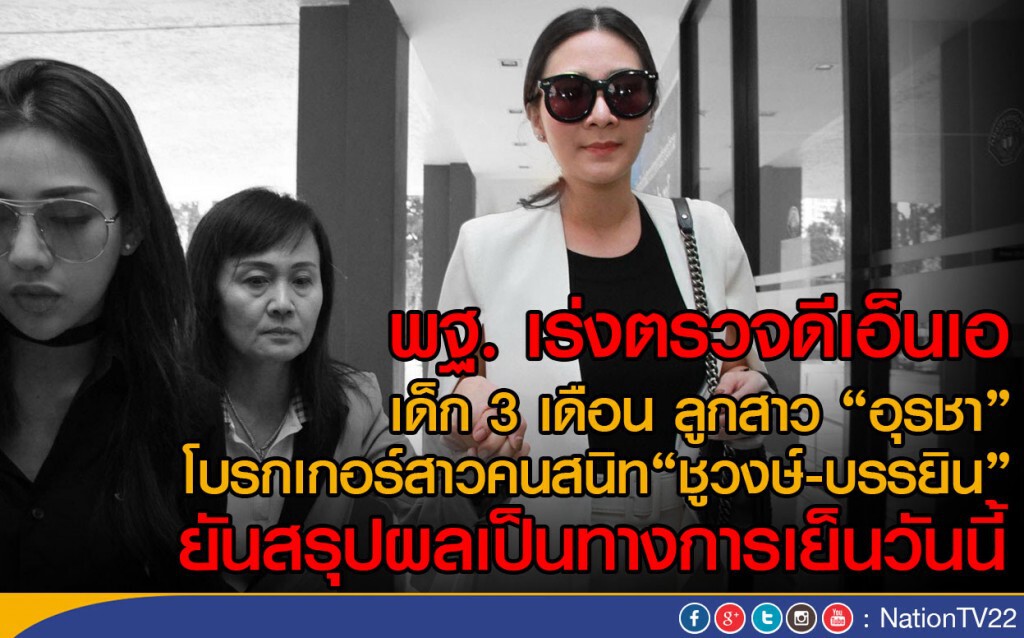 พฐ. เร่งตรวจดีเอ็นเอ เด็ก 3 เดือน ลูกสาว "อุรชา"
คนสนิท"ชูวงษ์-บรรยิน" ยันสรุปผลเย็นวันนี้ พฐ. เร่งตรวจดีเอ็นเอ เด็ก 3 เดือน ลูกสาว "อุรชา"
คนสนิท"ชูวงษ์-บรรยิน" ยันสรุปผลเย็นวันนี้