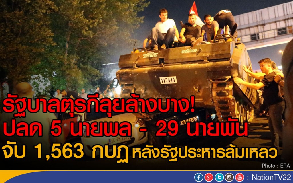 รัฐบาลตุรกีสั่งปลด!
5 นายพล -29 นายพัน จับกุม 1,563 กบฏ หลังรัฐประหารล้มเหลว รัฐบาลตุรกีสั่งปลด!
5 นายพล -29 นายพัน จับกุม 1,563 กบฏ หลังรัฐประหารล้มเหลว