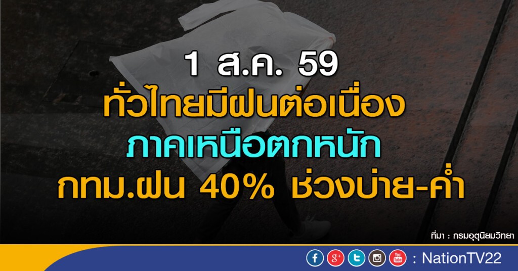 ทั่วไทยมีฝนต่อเนื่อง ตกหนักบริเวณภาคเหนือ กทม.ฝน40%