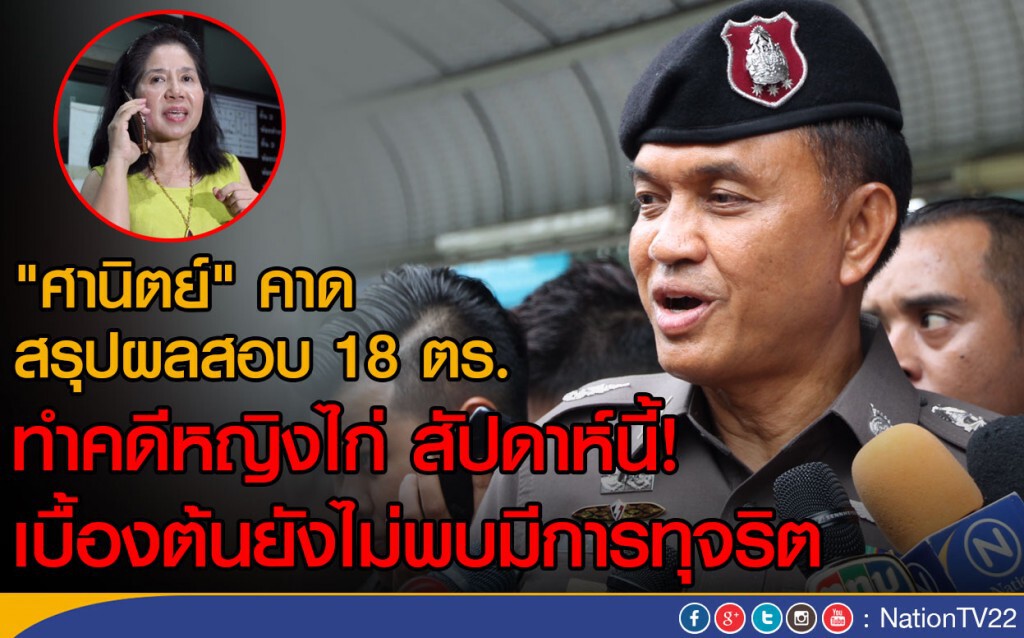 "ศานิตย์" คาดสรุปผลสอบ 18 ตร. ทำคดีหญิงไก่ สัปดาห์นี้
เบื้องต้นยังไม่พบมีการทุจริต "ศานิตย์" คาดสรุปผลสอบ 18 ตร. ทำคดีหญิงไก่ สัปดาห์นี้
เบื้องต้นยังไม่พบมีการทุจริต