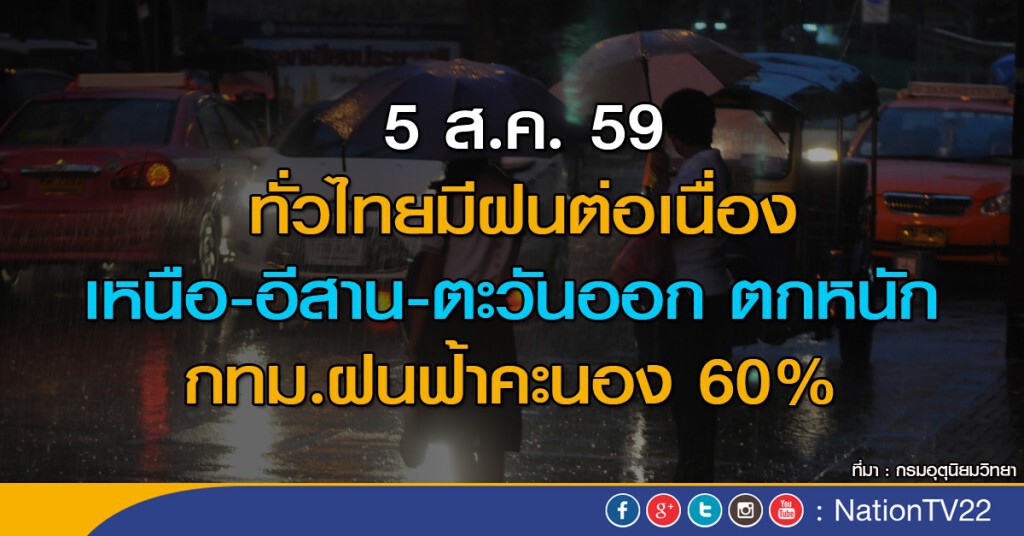 ทั่วไทยฝนตกต่อเนื่อง เหนือ-อีสาน-ตอ.ตกหนัก กทม.ฝนฟ้าคะนอง 60%