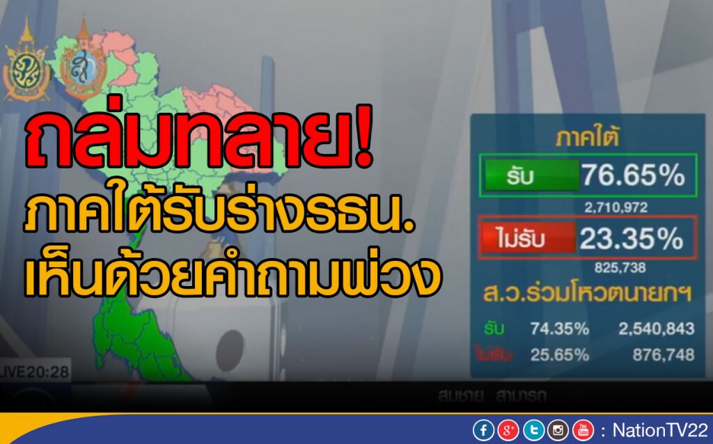 ถล่มทลาย! ภาคใต้รับร่างรธน. - เห็นด้วยคำถามพ่วง