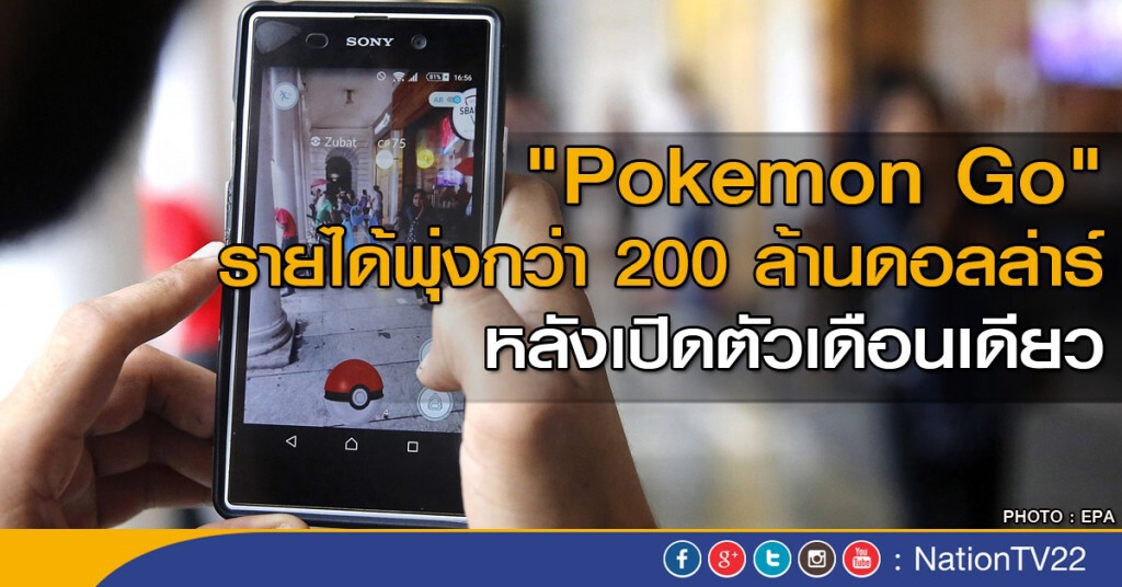 "โปเกมอน โก" รายได้พุ่งกว่า  200 ล้านดอลล์ หลังเปิดตัวเดือนเดียว