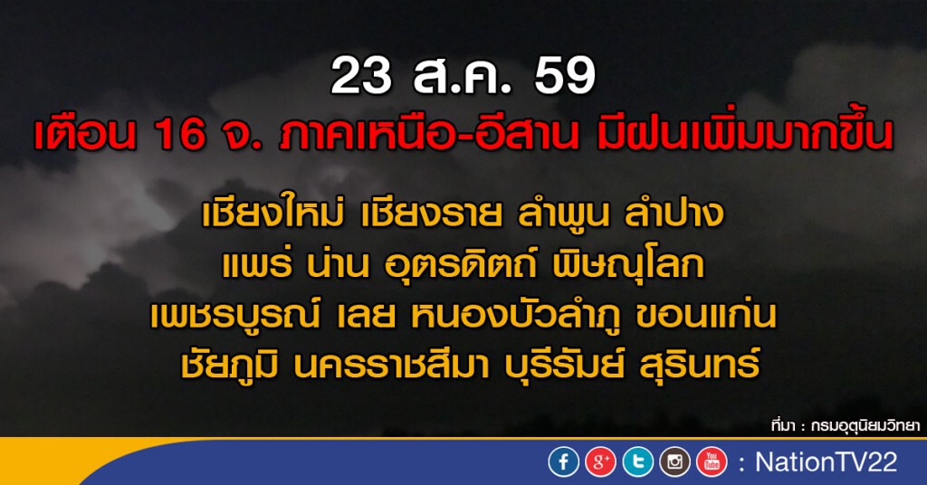 เตือน 16 จังหวัดภาคเหนือ-อีสาน มีฝนเพิ่มมากขึ้น
