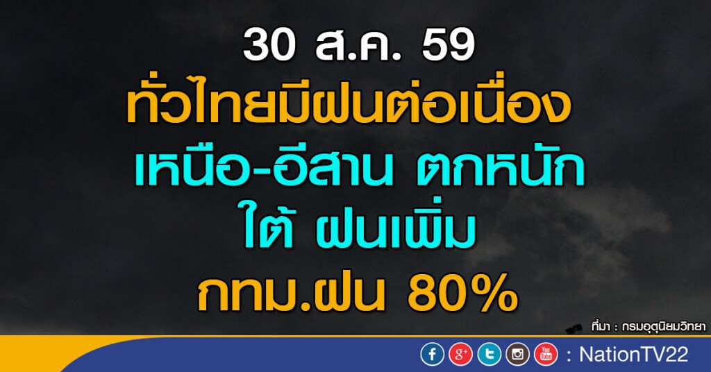 ทั่วไทยยังมีฝนต่อเนื่อง เหนือ-อีสานตกหนัก กทม.ฝนฟ้าคะนอง 80%