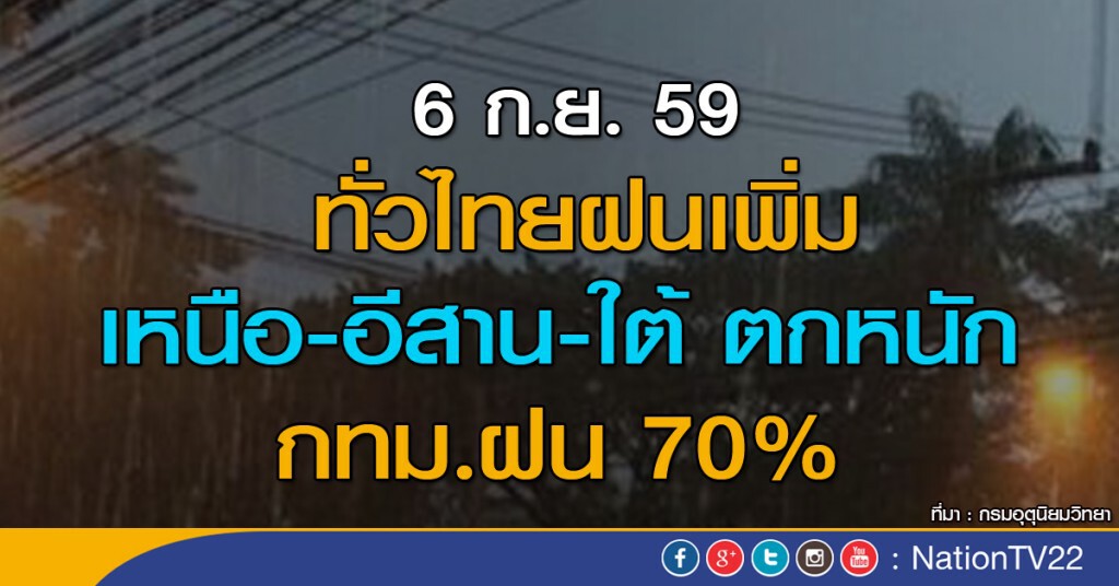 ทั่วไทยฝนเพิ่ม เหนือ-อีสาน-ใต้ตกหนัก กทม.ฝน 70%