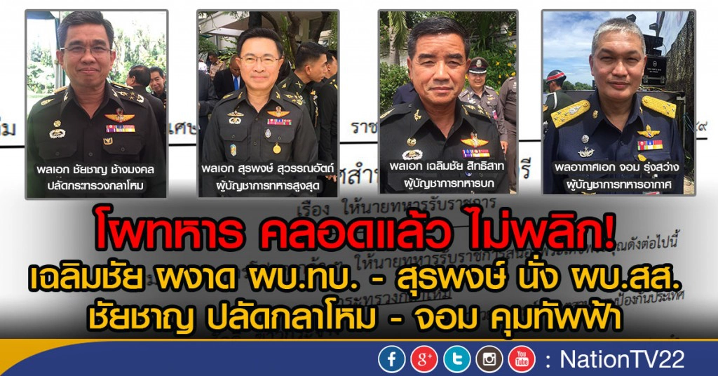 โผทหาร คลอดแล้ว ไม่พลิก!
เฉลิมชัย ผงาด ผบ.ทบ.-สุรพงษ์ นั่ง ผบ.สส.