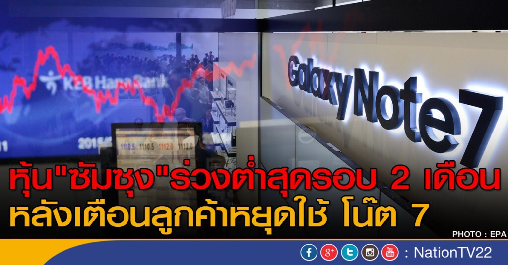 หุ้น"ซัมซุง" ร่วงต่ำสุดรอบ 2 เดือน หลังเตือนลูกค้าหยุดใช้ โน๊ต 7 หุ้น"ซัมซุง" ร่วงต่ำสุดรอบ 2 เดือน หลังเตือนลูกค้าหยุดใช้ โน๊ต 7