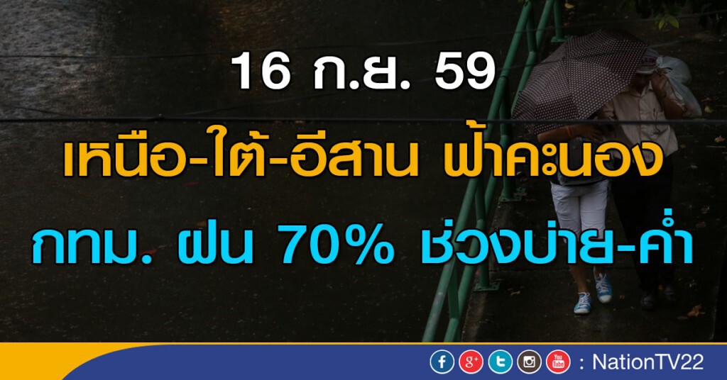 เหนือ-ใต้ยังคงมีฝนฟ้าคะนอง ตกหนักบางแห่ง ทะเลอันดามันคลื่นสูง กทม.ฝน 70%