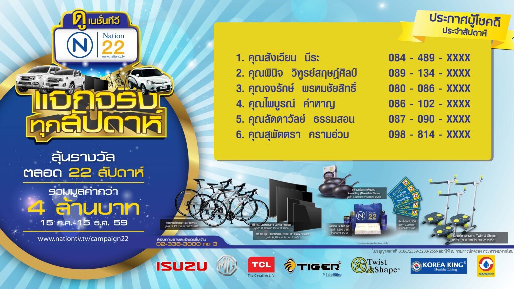 ประกาศผู้โชคดี! ได้รับรางวัลประจำสัปดาห์ที่ 9 "ดูเนชั่นช่อง 22 แจกจริงทุกสัปดาห์" ประกาศผู้โชคดี! ได้รับรางวัลประจำสัปดาห์ที่ 9 "ดูเนชั่นช่อง 22 แจกจริงทุกสัปดาห์"