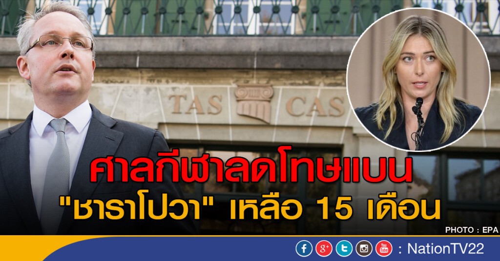 ศาลกีฬาลดโทษ "ชาราโปวา" เหลือ 15 เดือน ศาลกีฬาลดโทษ "ชาราโปวา" เหลือ 15 เดือน
