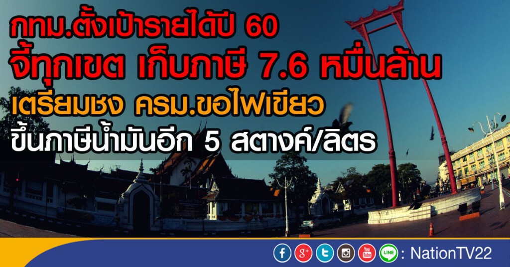 กทม.ตั้งเป้ารายได้ปี 60
จี้ทุกเขต เก็บภาษี 7.6 หมื่นล้าน กทม.ตั้งเป้ารายได้ปี 60
จี้ทุกเขต เก็บภาษี 7.6 หมื่นล้าน