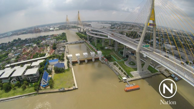 ภาพมุมสูง ปริมาณน้ำแม่น้ำเจ้าพระยา บริเวณประตูระบายน้ำคลองลัดโพธิ์