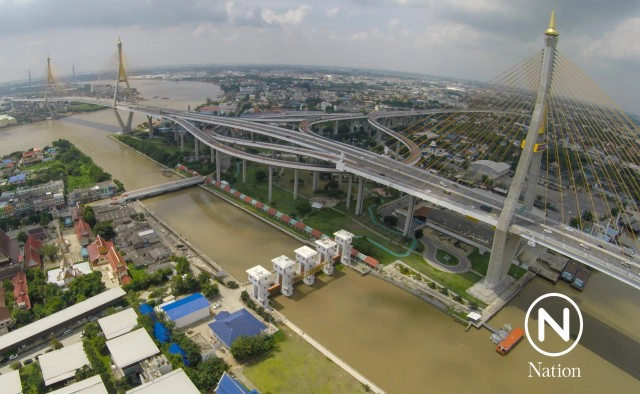 ภาพมุมสูง ปริมาณน้ำแม่น้ำเจ้าพระยา บริเวณประตูระบายน้ำคลองลัดโพธิ์