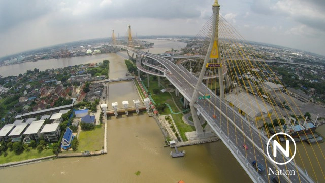 ภาพมุมสูง ปริมาณน้ำแม่น้ำเจ้าพระยา บริเวณประตูระบายน้ำคลองลัดโพธิ์