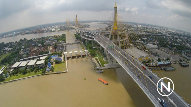 ภาพมุมสูง ปริมาณน้ำแม่น้ำเจ้าพระยา บริเวณประตูระบายน้ำคลองลัดโพธิ์
