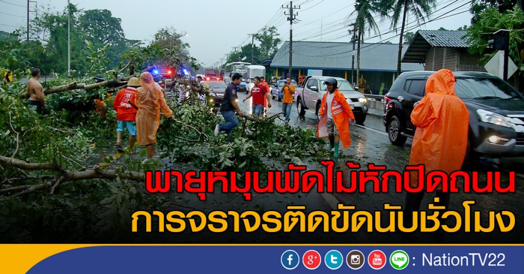 พายุหมุนพัดไม้หักปิดถนนทำให้การจราจรติดขัด พายุหมุนพัดไม้หักปิดถนนทำให้การจราจรติดขัด
