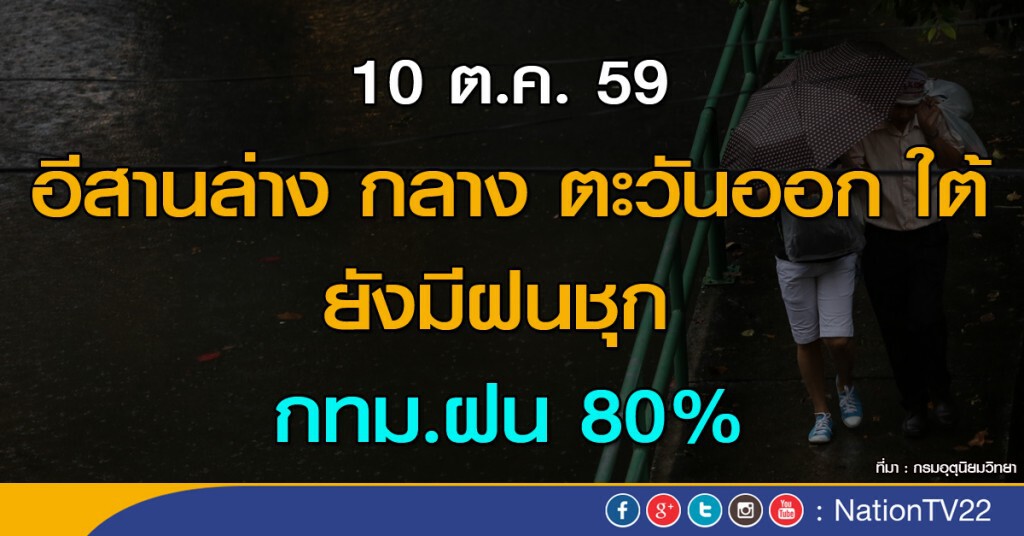 อีสานล่าง กลาง ตอ. ใต้ยังมีฝนชุก กทม.ฝน 80%