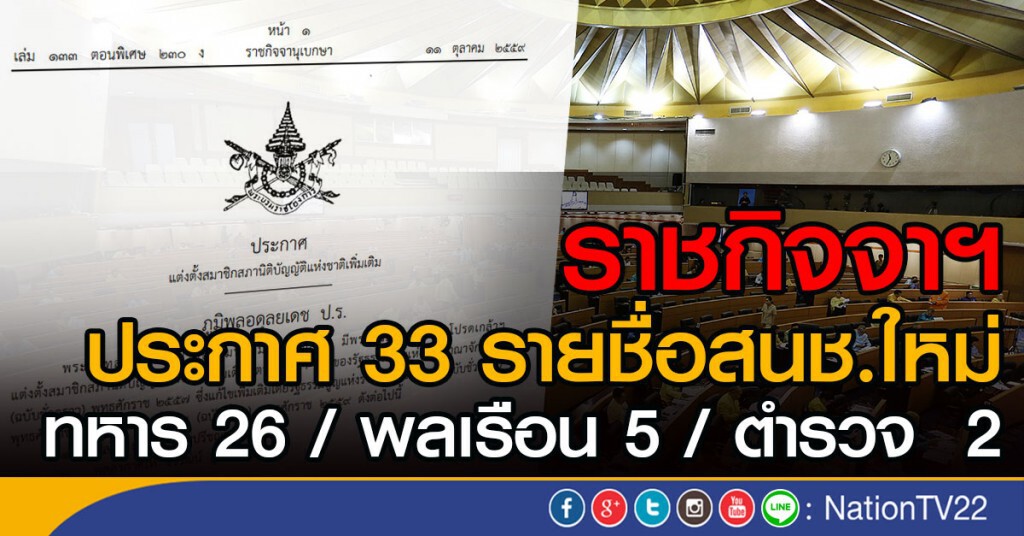 ราชกิจจาฯ ประกาศ 33 รายชื่อสนช.ใหม่ 
ทหาร 26 / พลเรือน 5 / ตำรวจ  2